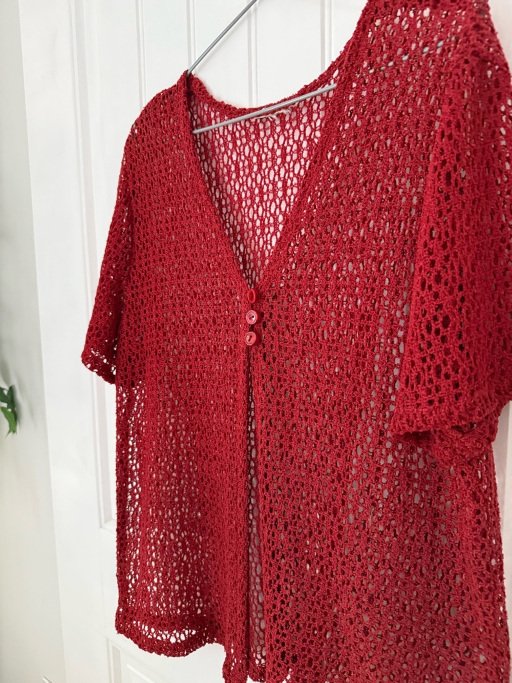 Vintage Open-Weave Red Crochet Cardigan